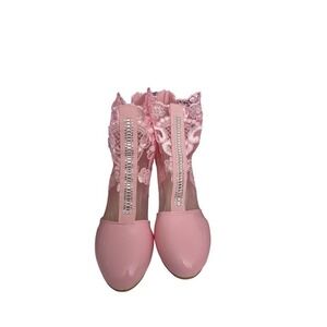 Pink Floral Lace Mesh Ankle Boots Crystal Chunky Heel Rhinestone EU 40 US 9